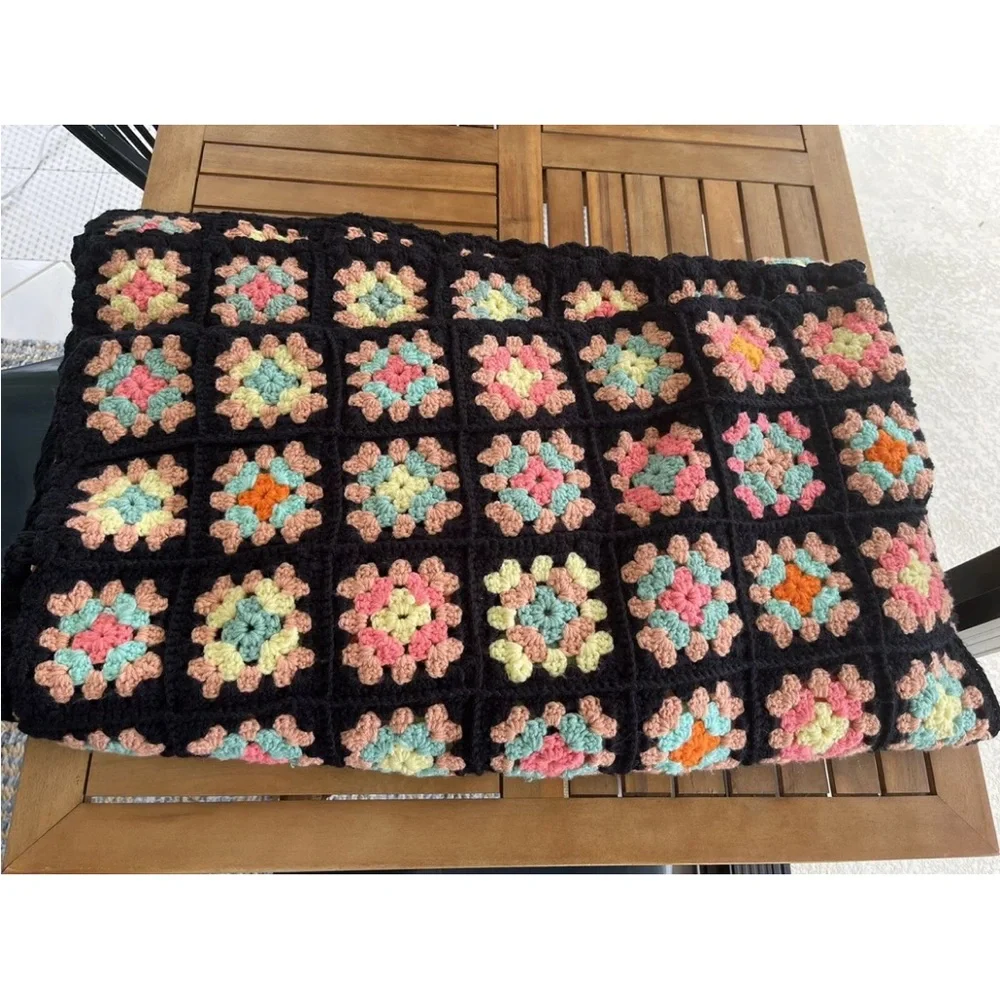 Granny Square Afghan Throw Blanket 56”x72” Peach Green Yellow Handmade Vintage